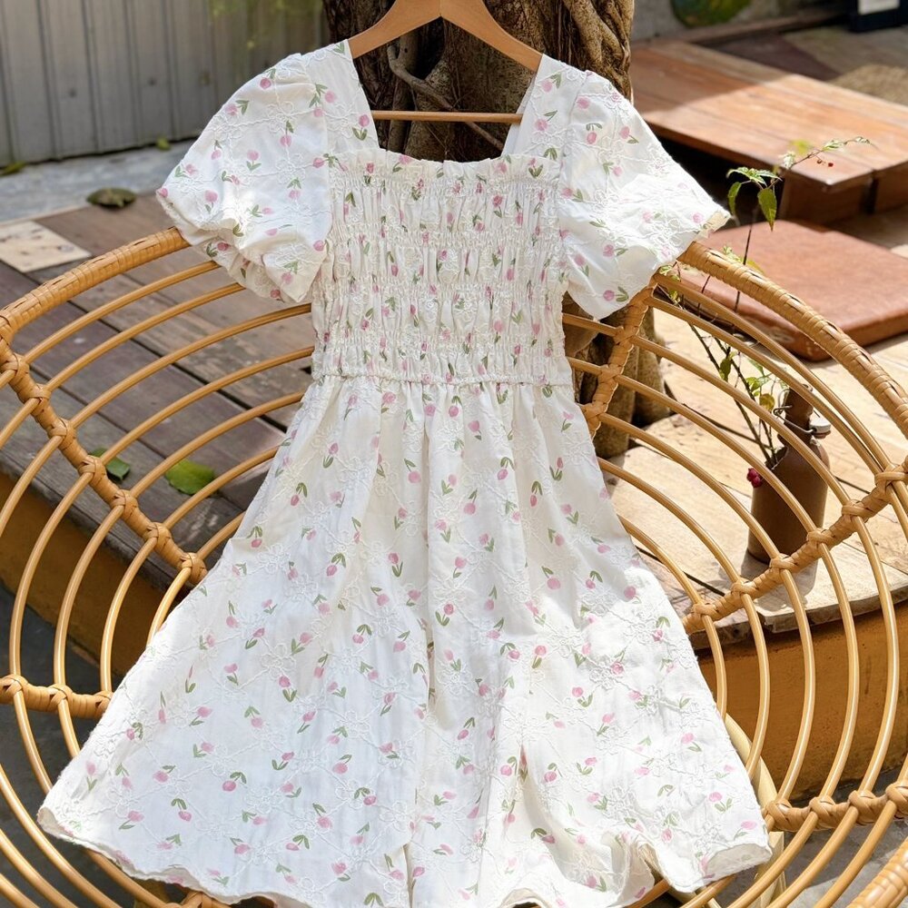 Pink Tulip Floral Smocked Puff Sleeve Midi Dress Cottagecore Cute Dress